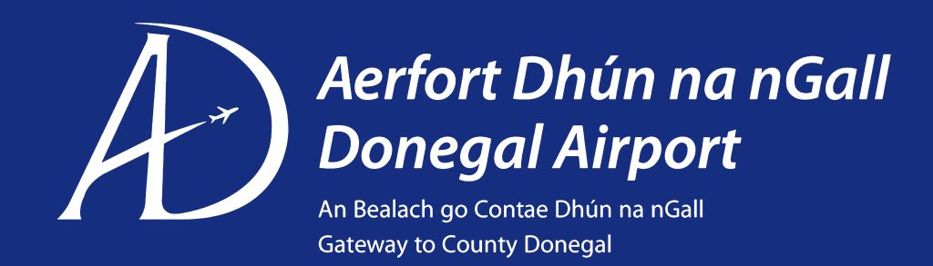 Aerfort Dhún na nGall logo in white with blue background