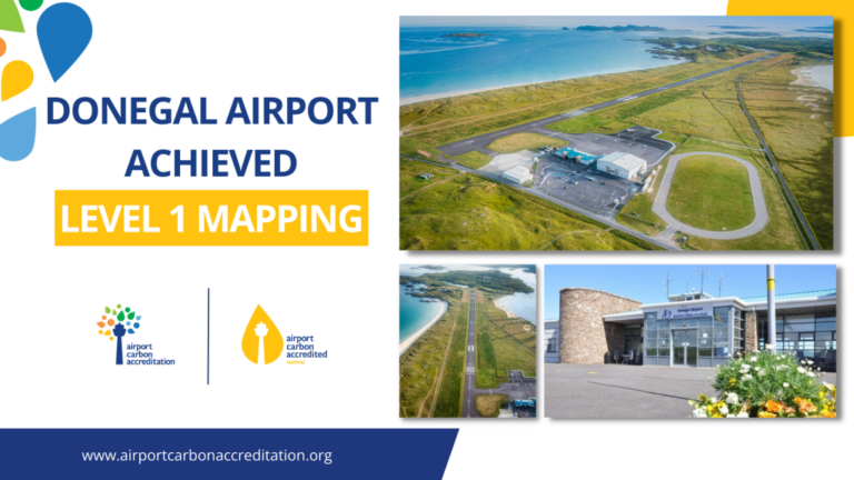 Carbon accreditation featuring Donegal Aiport with images of the airport and Level 4 Mapping