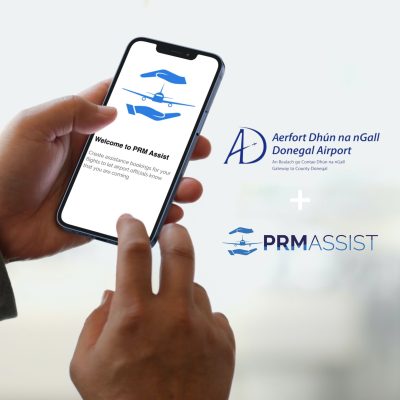 Advert featuring PRM Assist logo plus Donegal Airport logo with hands in the background using PRM Assist app on mobile phone