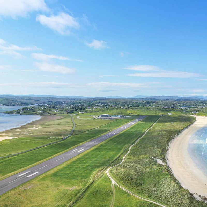 Aerial image of Donegal Airport runway with beaches on either side